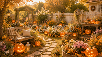 フラワーガーデンハロウィン背景【無料・高画質PNG】秋の花壇イラスト素材94214