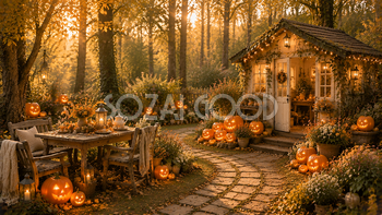 森に囲まれたハロウィンガーデン背景【無料・高画質PNG】自然な秋素材94216