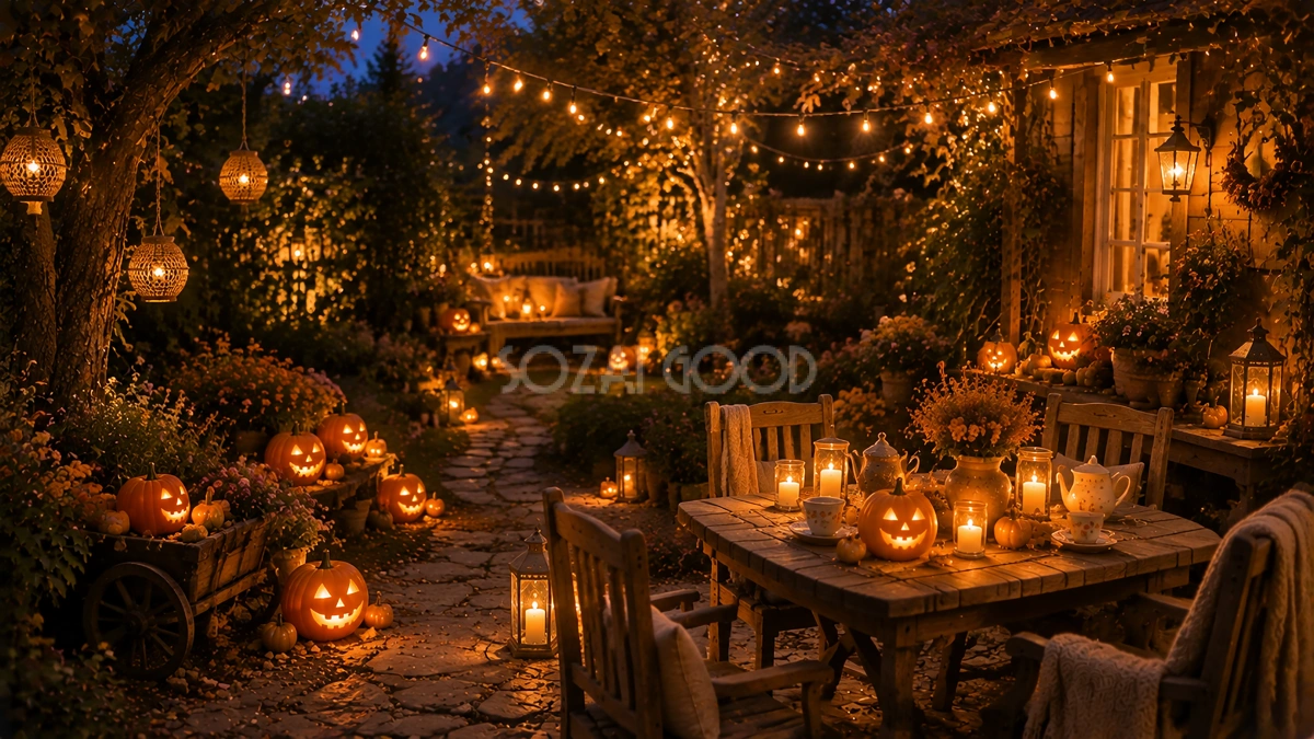 夜の温かなハロウィンガーデン背景【無料・高画質PNG】ランタン秋素材94217