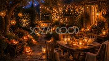 夜の温かなハロウィンガーデン背景【無料・高画質PNG】ランタン秋素材94217