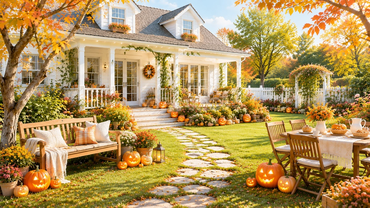 白い家と明るいハロウィンガーデン背景【無料・高画質PNG】秋の庭素材94224