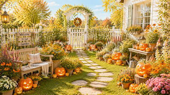 秋の花壇とパンプキンガーデン背景【無料・高画質PNG】ハロウィン素材94227