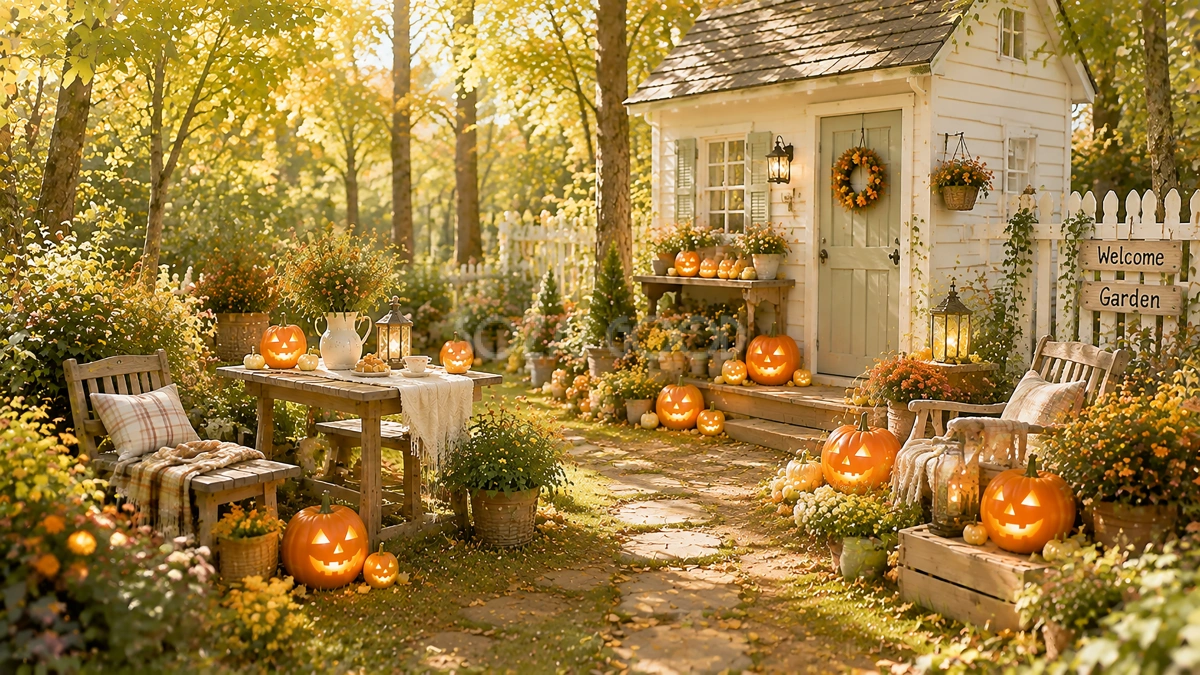 森のハロウィンガーデン背景【無料・高画質PNG】自然な秋の庭素材94229