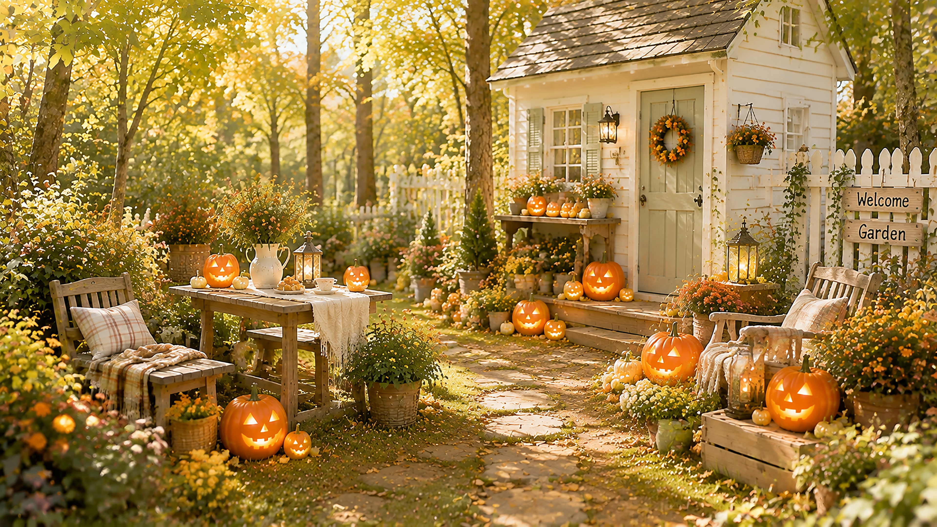 森のハロウィンガーデン背景【無料・高画質PNG】自然な秋の庭素材94229に写真・文字を入れる