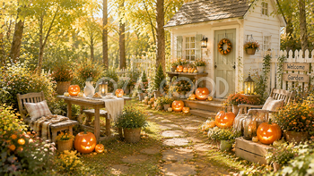 森のハロウィンガーデン背景【無料・高画質PNG】自然な秋の庭素材94229