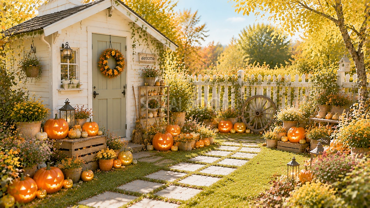 ガーデン小屋とハロウィン背景【無料・高画質PNG】可愛い秋庭素材94232