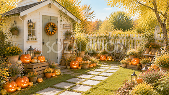 ガーデン小屋とハロウィン背景【無料・高画質PNG】可愛い秋庭素材94232
