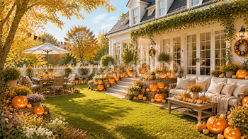 プレミアムハロウィンガーデン背景【無料・高画質PNG】海外住宅風秋素材94235