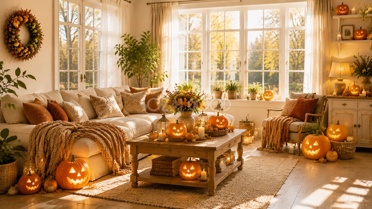 大きな窓と秋のハロウィン部屋背景【無料PNG】94239