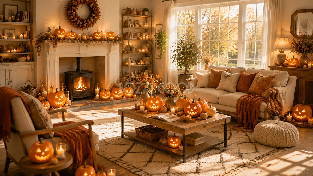 暖炉のあるハロウィンインテリア背景【無料PNG】94240