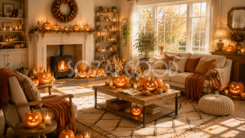 暖炉のあるハロウィンインテリア背景【無料PNG】94240