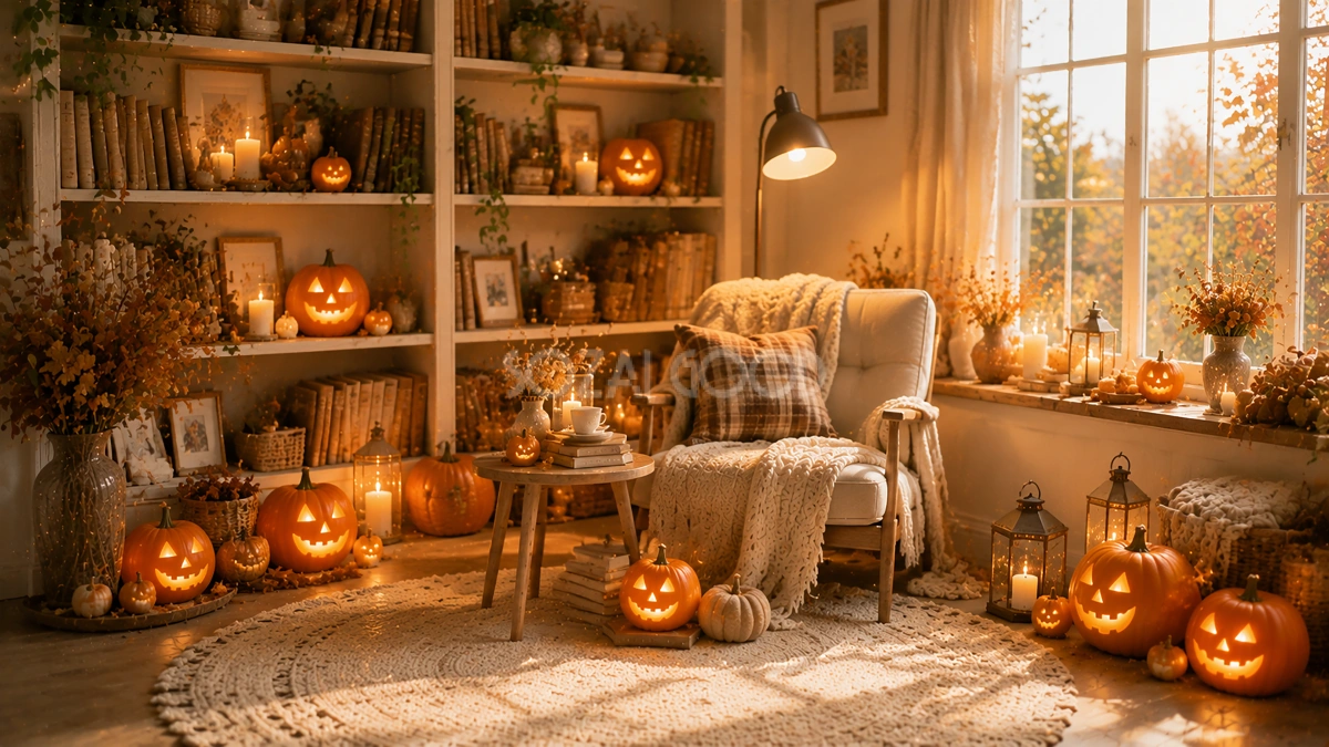 読書を楽しむハロウィン秋インテリア背景【無料PNG】94242