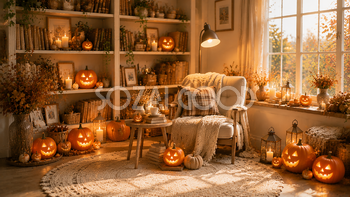 読書を楽しむハロウィン秋インテリア背景【無料PNG】94242