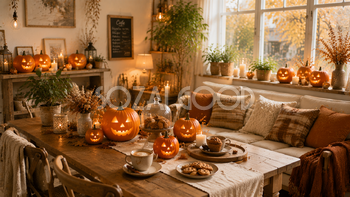 カフェ風ハロウィンインテリア背景【無料PNG】94244