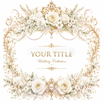 ホワイトローズ高級ウェディングフレーム【無料・高画質PNG】純白の薔薇とパール装飾素材94271