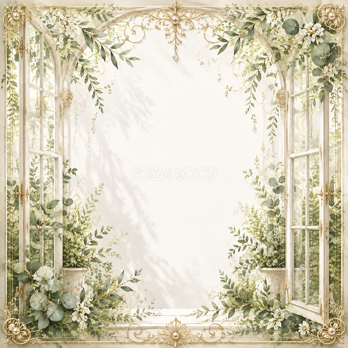 植物園の窓ボタニカルフレーム【無料イラスト】高画質PNG素材94401