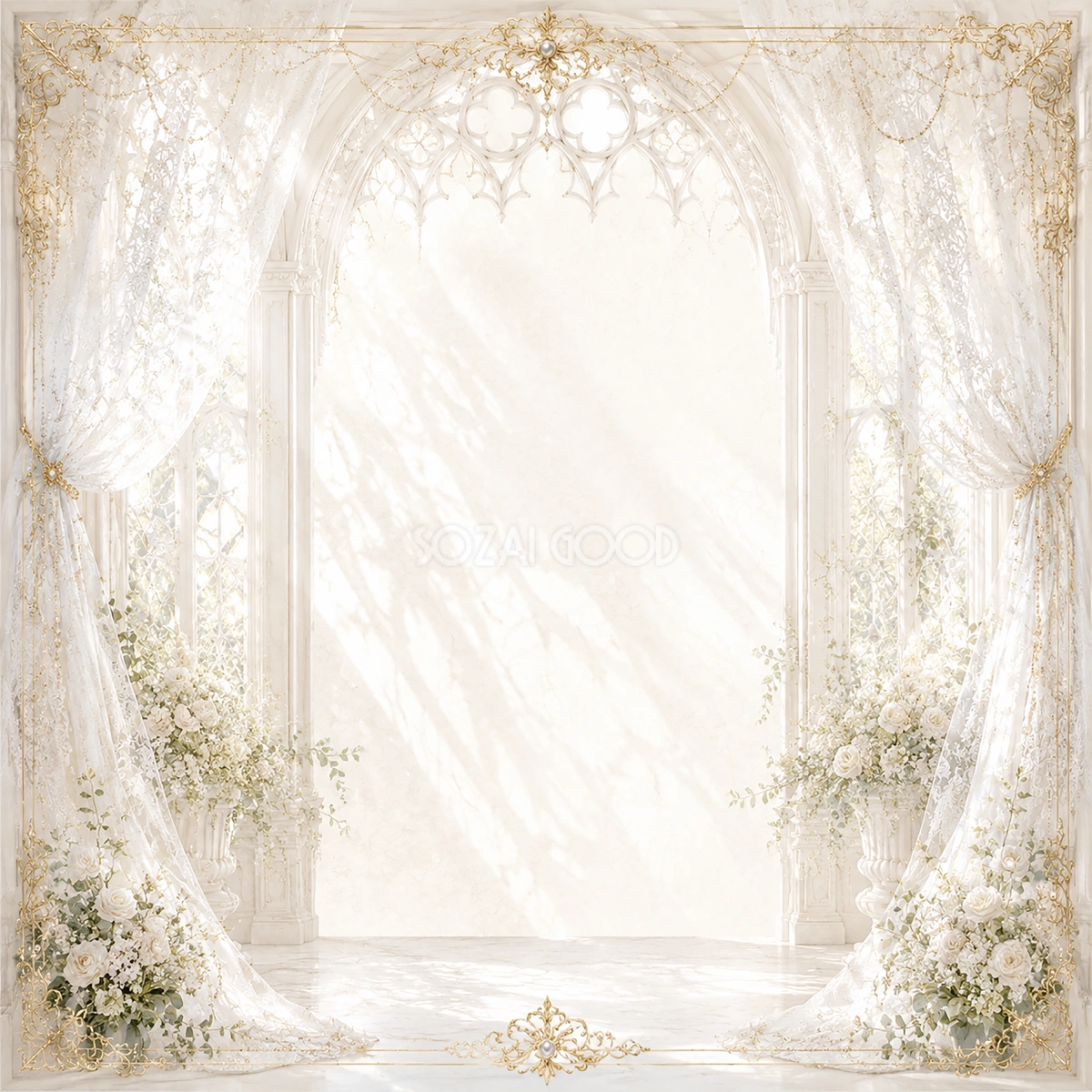 白いチャペル窓ウェディングフレーム|光が差し込む結婚式用無料イラスト素材【高画質PNG】94450
