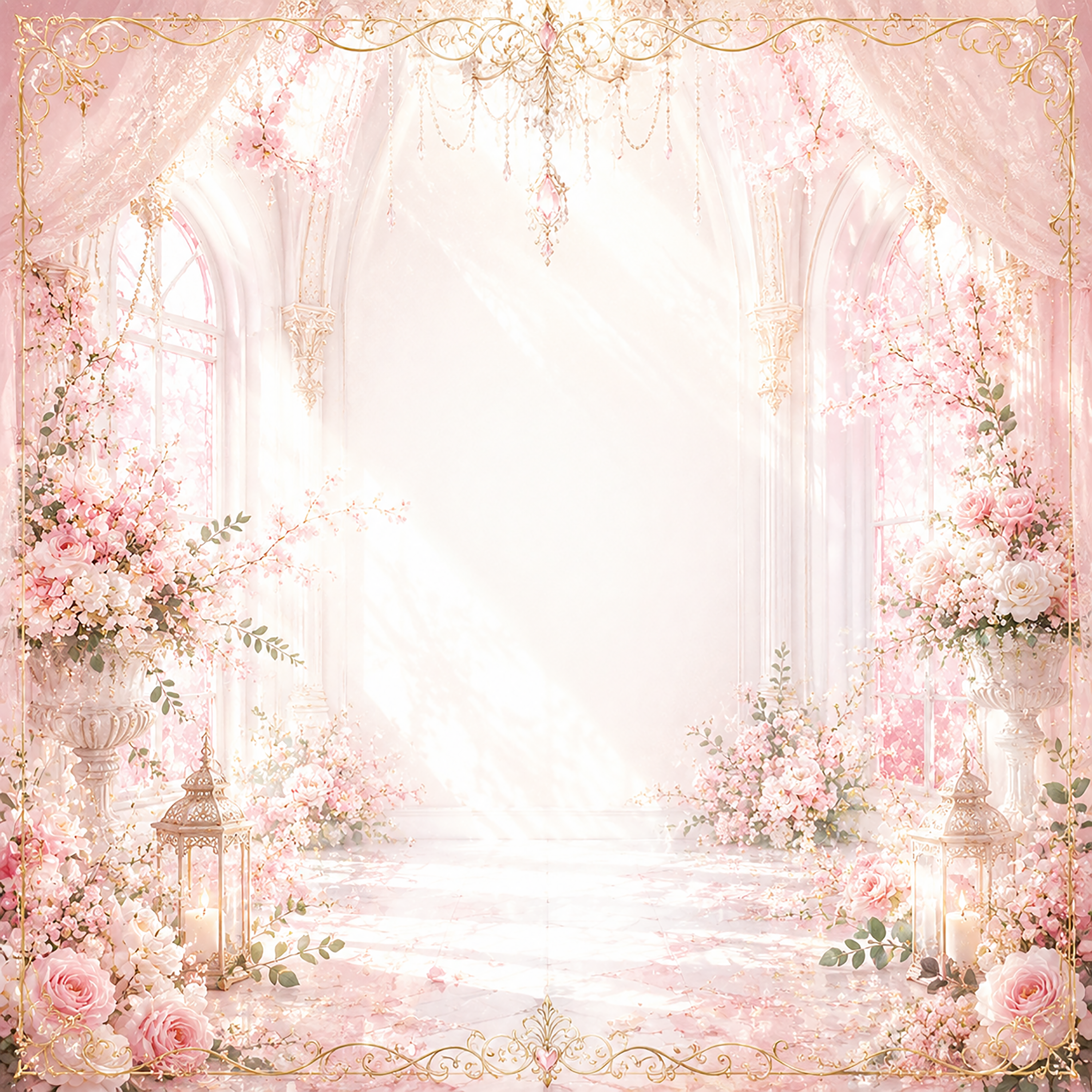 ピンクチャペルフレーム｜桜色の光が包むウェディング無料イラスト素材【高画質PNG】94470に写真・文字を入れる