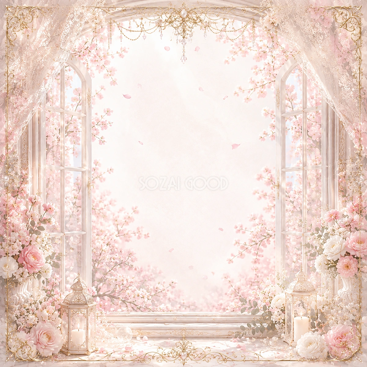 桜窓ウェディングフレーム｜春の光と桜が彩る無料イラスト素材【高画質PNG】94471