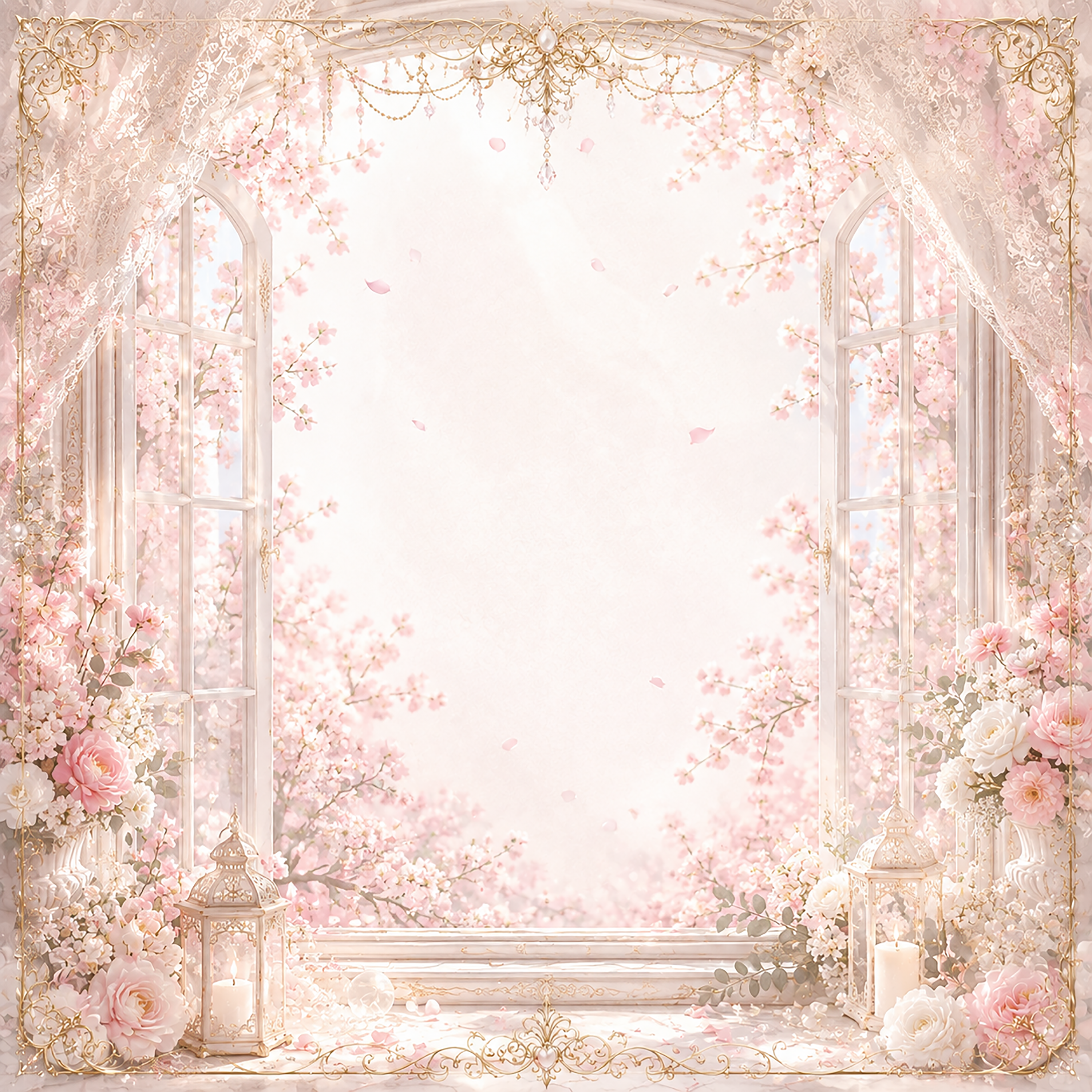 桜窓ウェディングフレーム｜春の光と桜が彩る無料イラスト素材【高画質PNG】94471に写真・文字を入れる