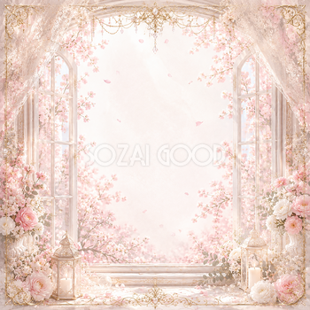桜窓ウェディングフレーム｜春の光と桜が彩る無料イラスト素材【高画質PNG】94471
