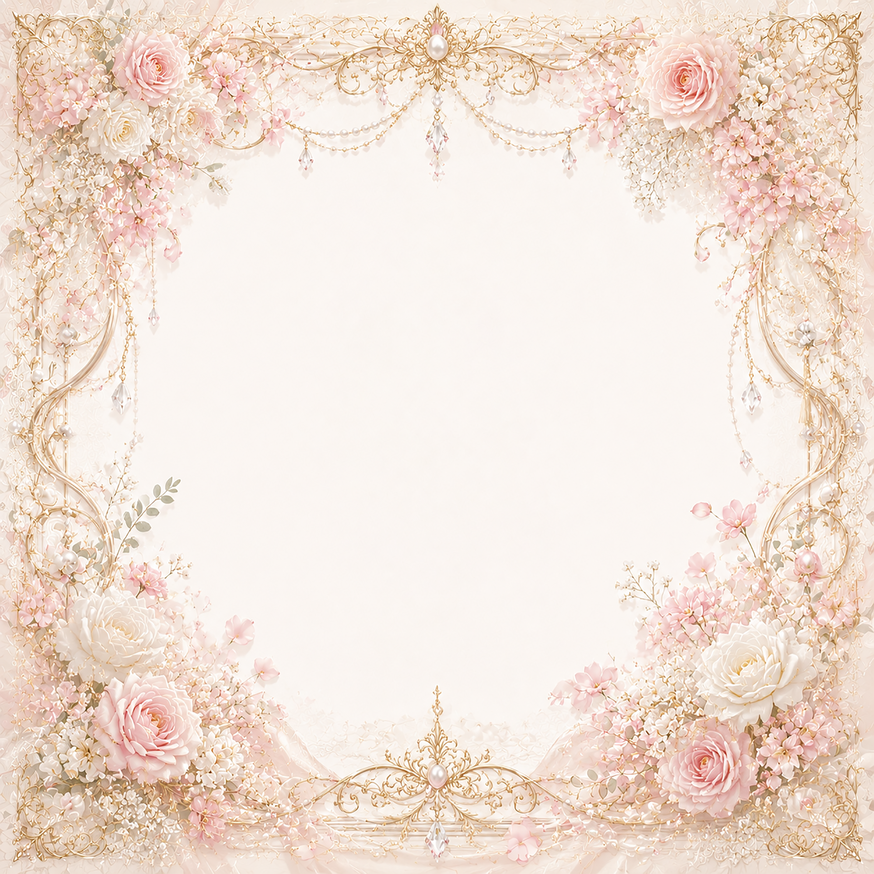 パールローズウェディングフレーム｜上品な花飾りの無料イラスト素材【高画質PNG】94475に写真・文字を入れる