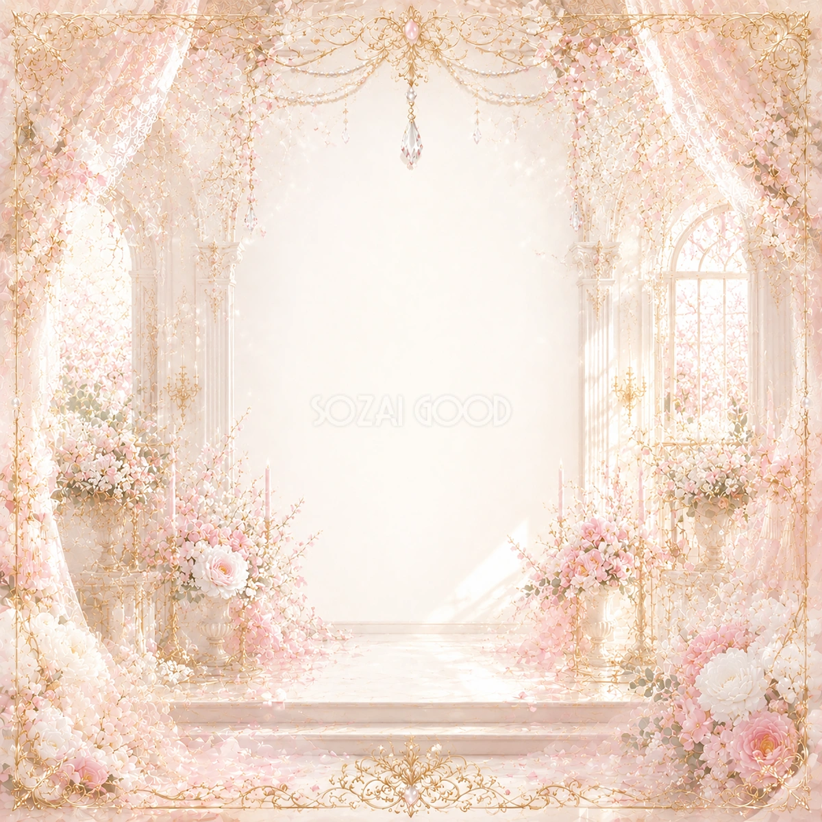 ピンクウェディングフレーム|桜色の祝福空間を描いた無料イラスト素材【高画質PNG】94478