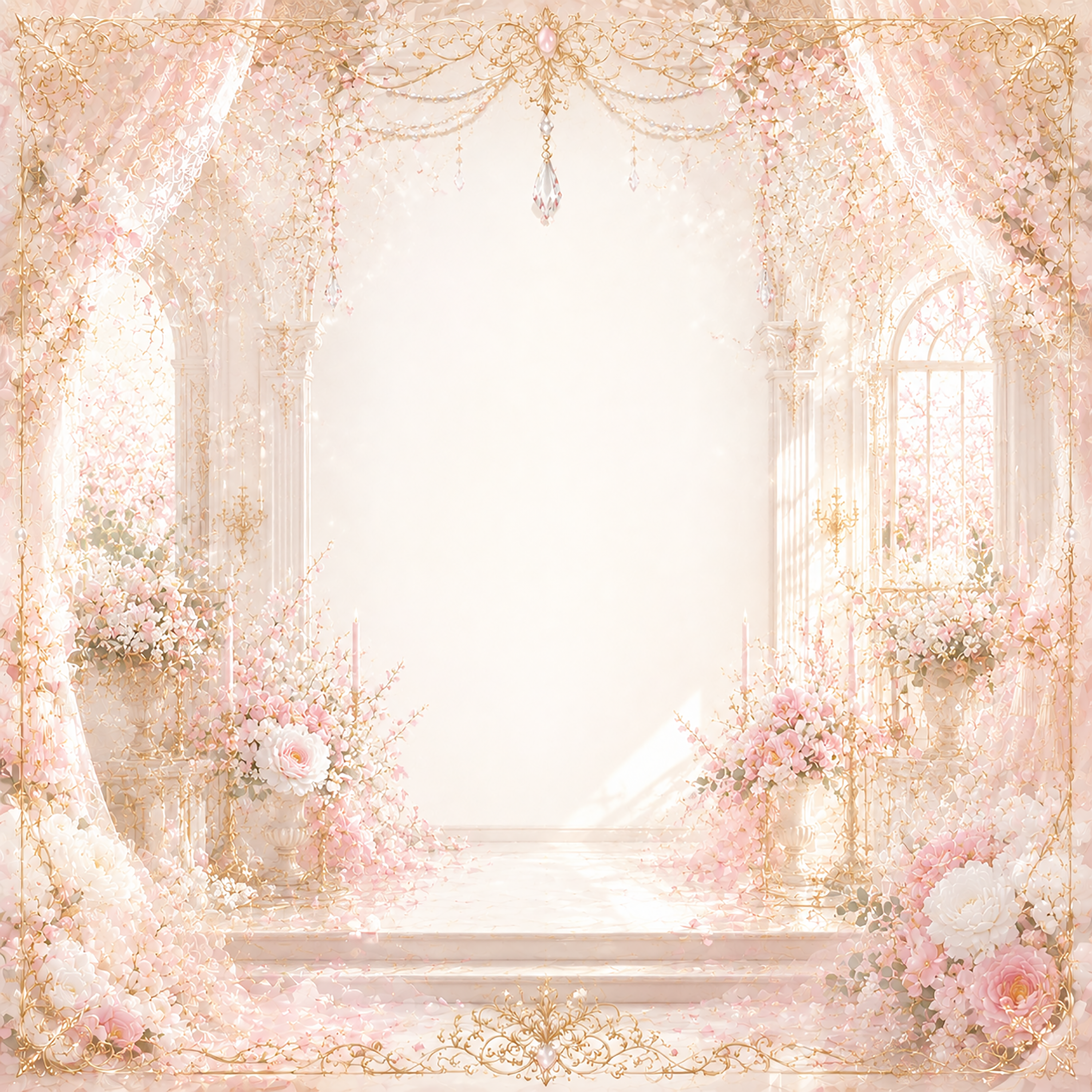 ピンクウェディングフレーム｜桜色の祝福空間を描いた無料イラスト素材【高画質PNG】94478に写真・文字を入れる
