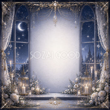 星空窓のウェディングフレーム｜夜空・月明かり・無料イラスト素材・高画質PNG　94481