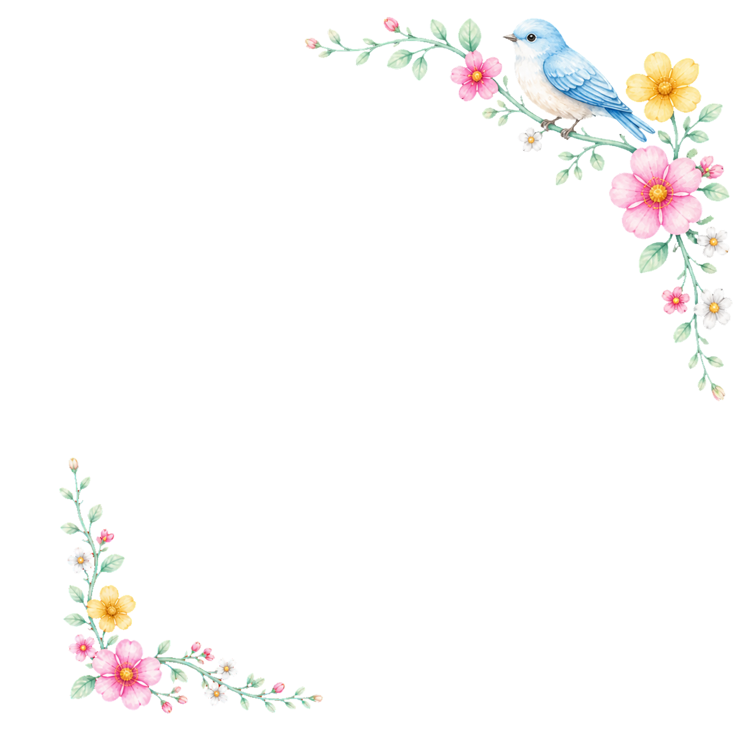 青い小鳥と野の小花の角飾りイラスト｜無料・高画質透過PNG素材94509に写真・文字を入れる