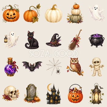 ハロウィンの水彩イラスト20種類セット｜かぼちゃ・おばけ・黒猫の無料素材94652