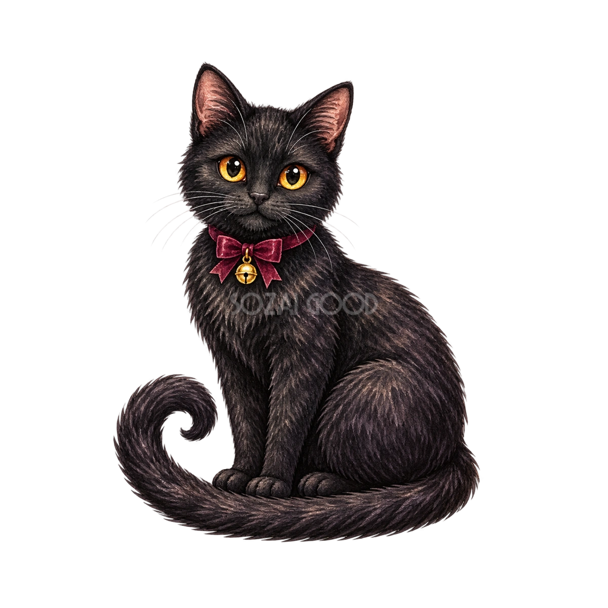 赤いリボンを付けた黒猫のハロウィンイラスト|無料素材94659