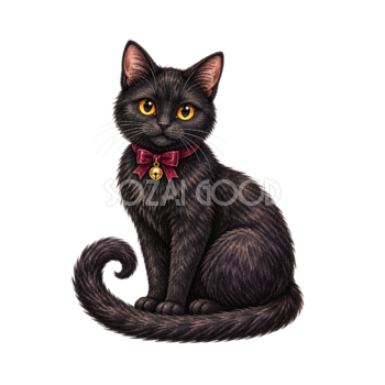 赤いリボンを付けた黒猫のハロウィンイラスト｜無料素材94659