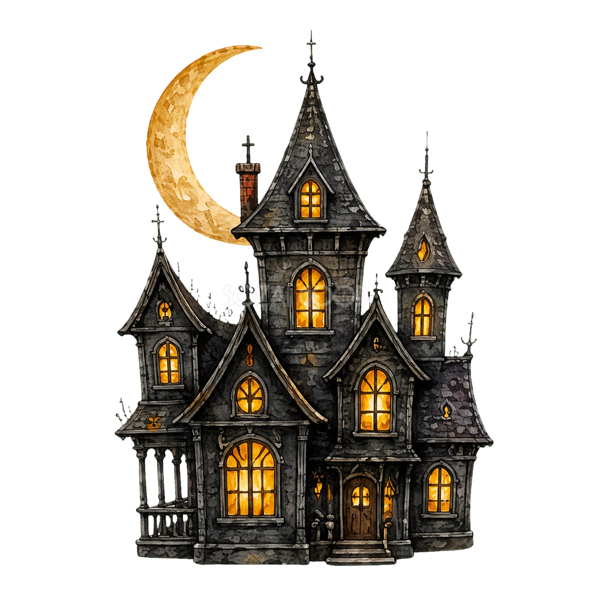 大きな三日月とお化け屋敷のハロウィンイラスト|無料素材94670