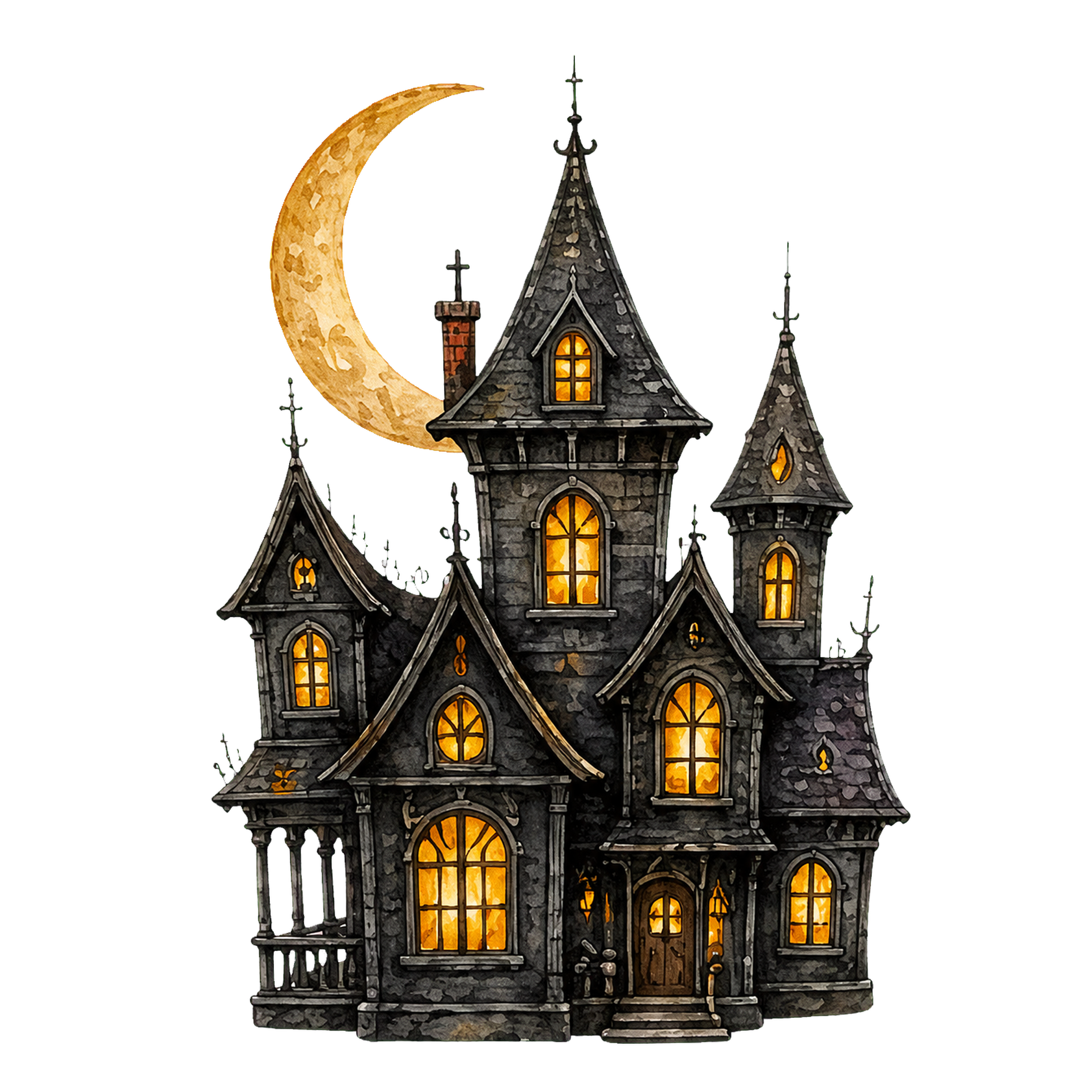 大きな三日月とお化け屋敷のハロウィンイラスト｜無料素材94670に写真・文字を入れる