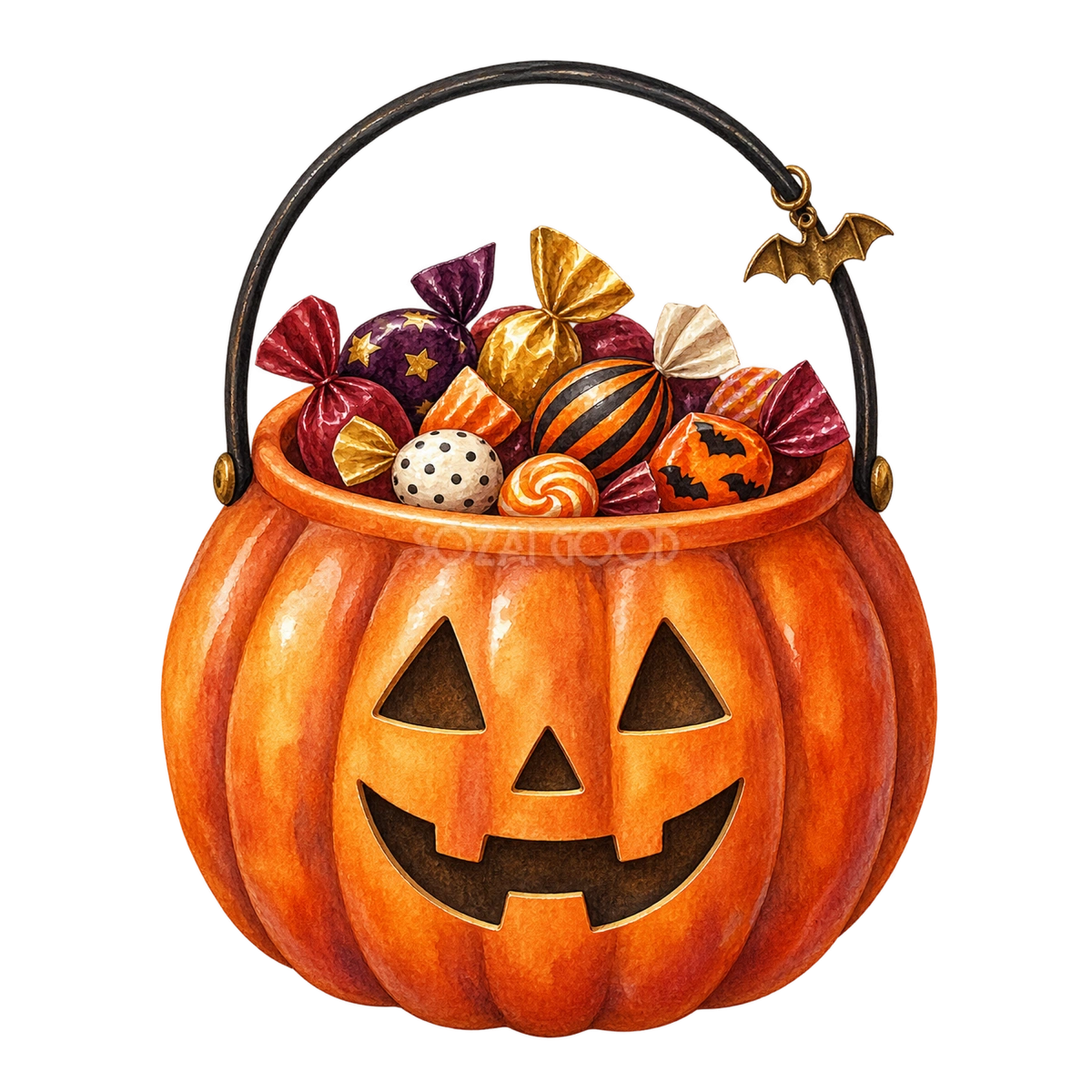 お菓子が入ったかぼちゃバケツのハロウィンイラスト|無料素材94671