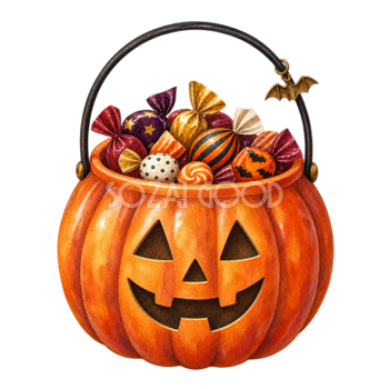 お菓子が入ったかぼちゃバケツのハロウィンイラスト｜無料素材94671