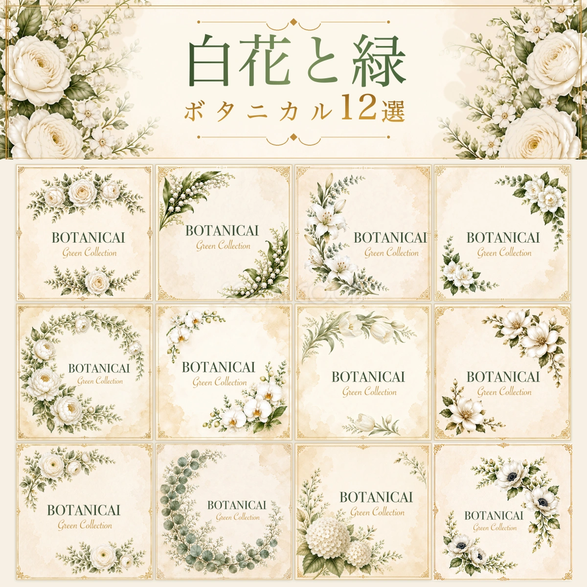 白い花とグリーンのイラスト12選|上品なボタニカルフレーム素材・第3集94729