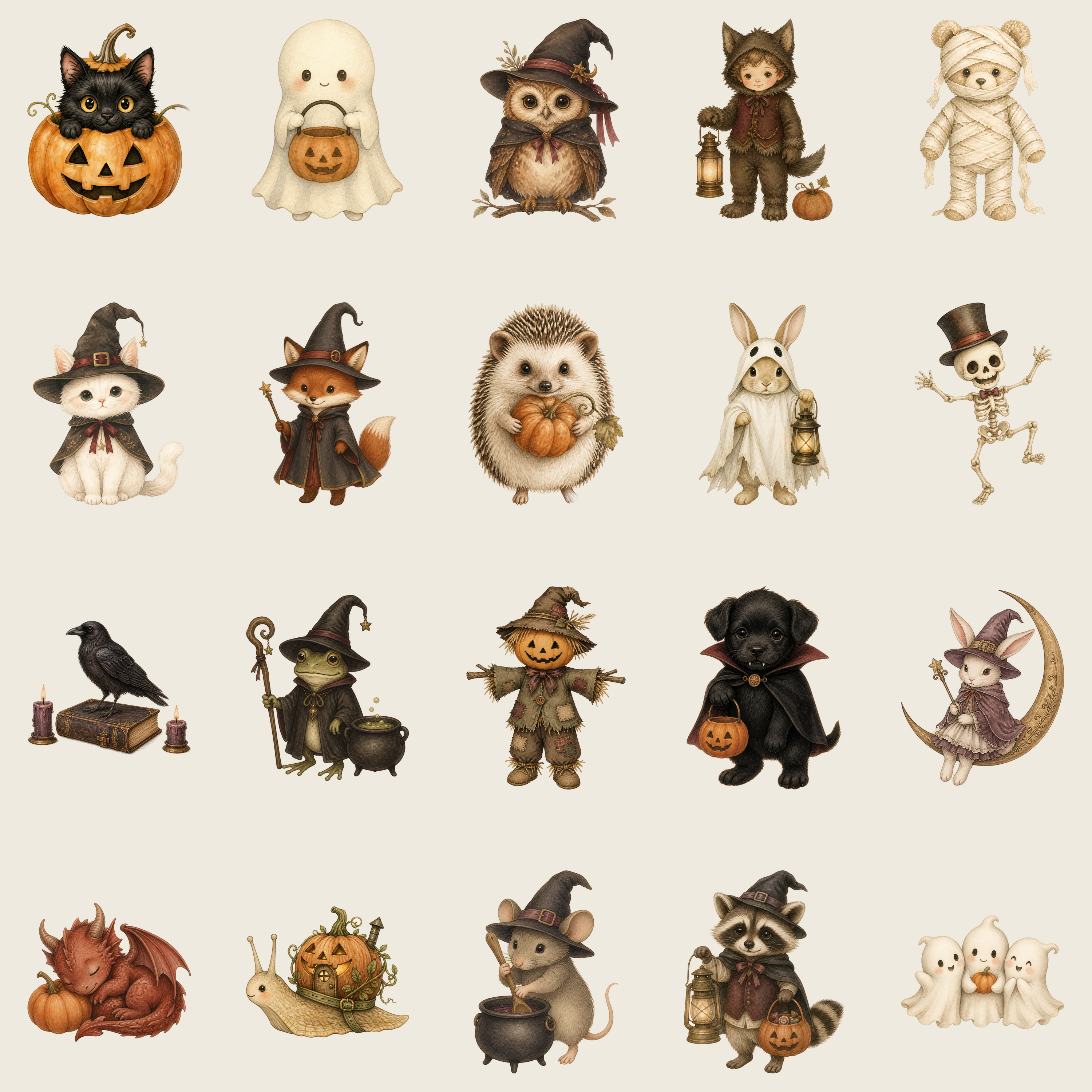 かわいいハロウィン動物とおばけのアンティーク水彩イラスト素材20点セット（無料）94795に写真・文字を入れる