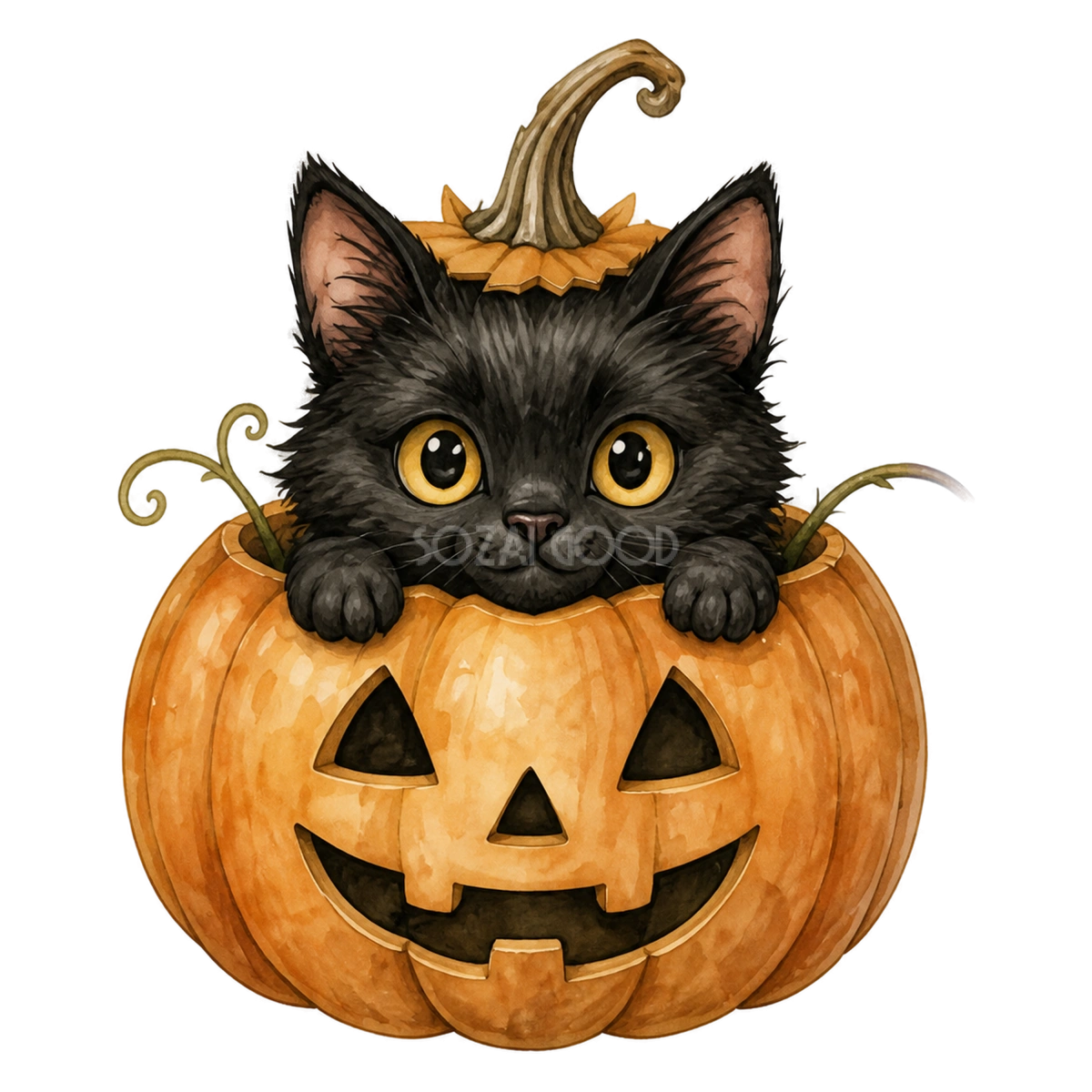 黒猫とかぼちゃのかわいいハロウィン水彩イラスト素材(無料)94796