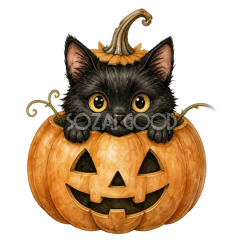 黒猫とかぼちゃのかわいいハロウィン水彩イラスト素材（無料）94796