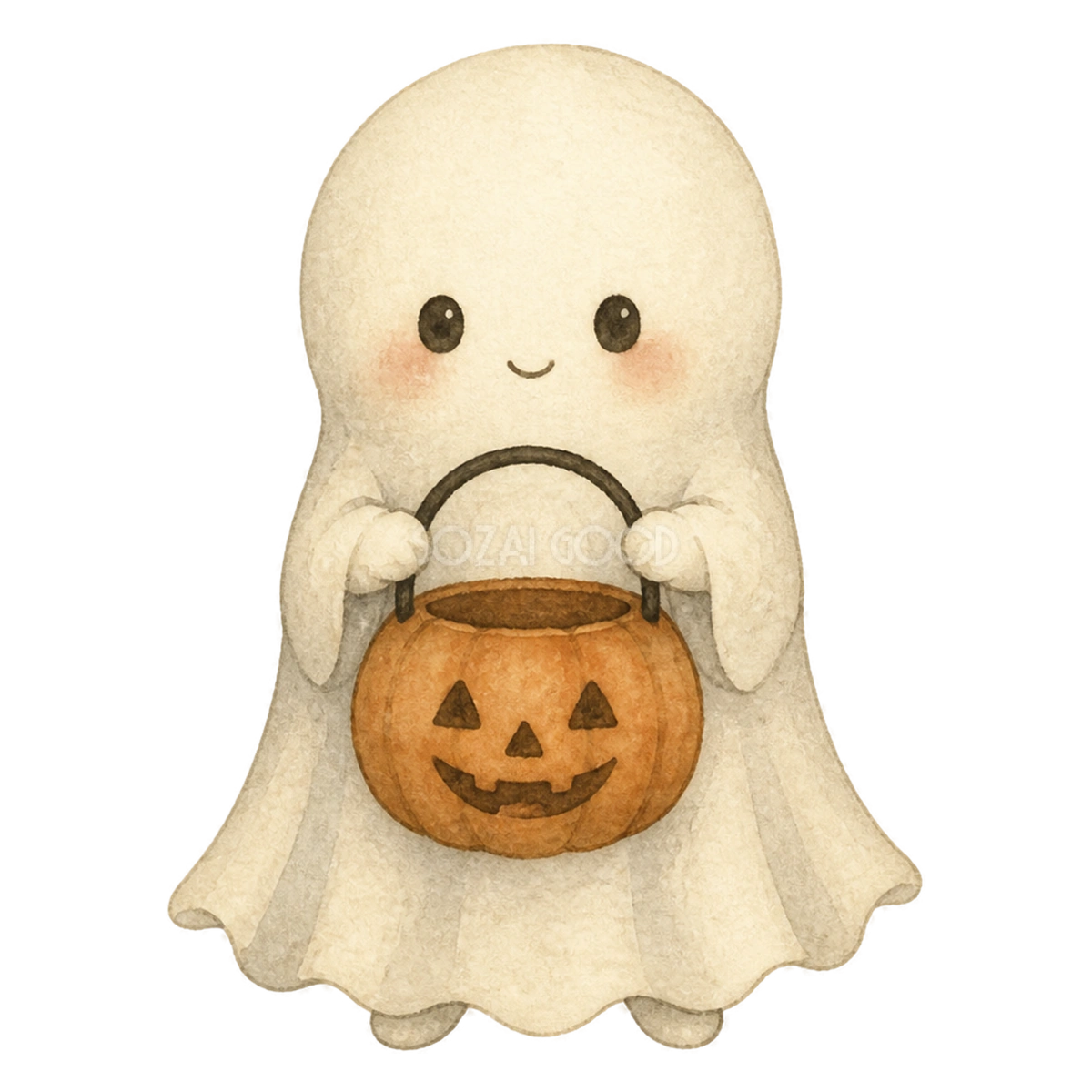 かぼちゃのバスケットを持つかわいいおばけのハロウィンイラスト素材(無料)94797