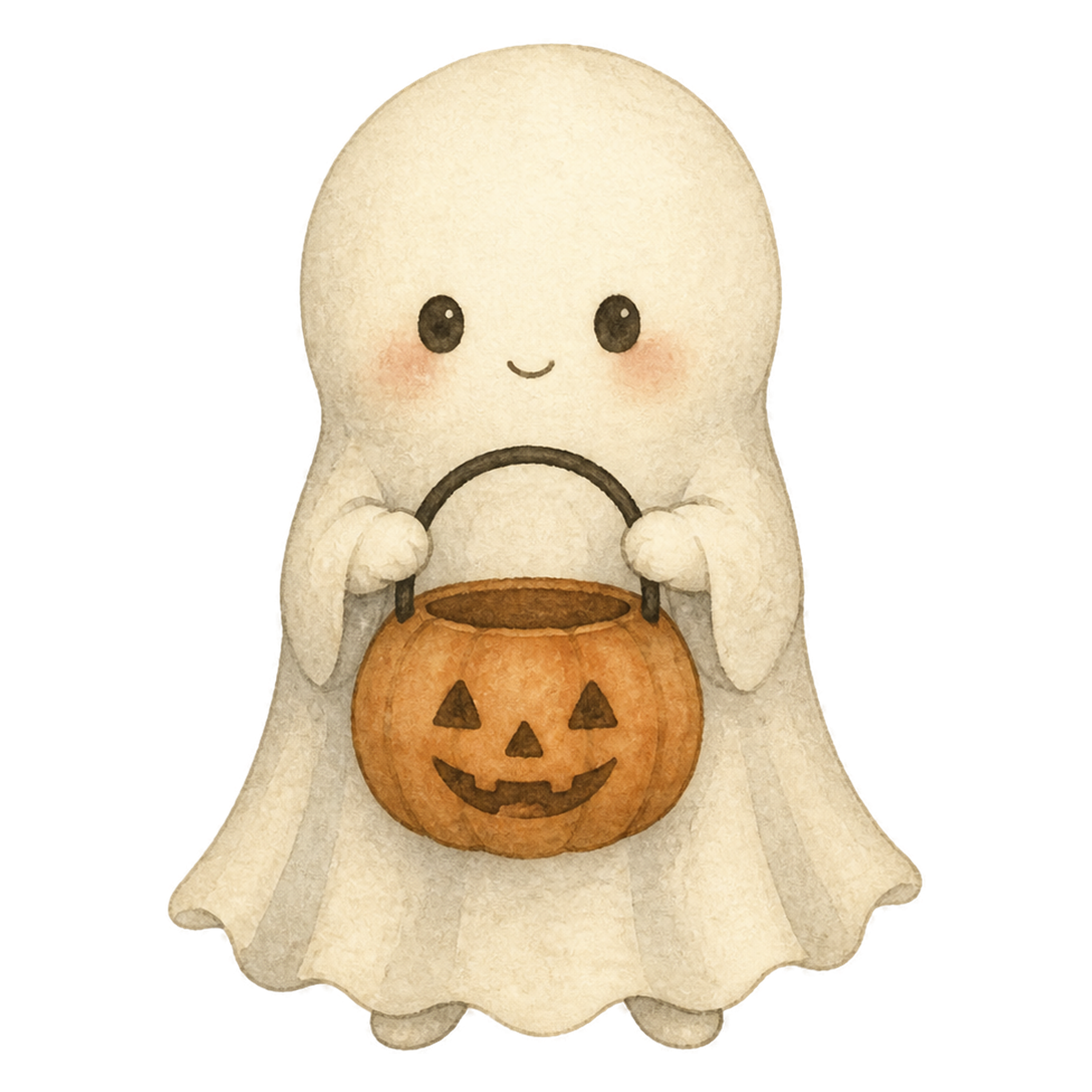 かぼちゃのバスケットを持つかわいいおばけのハロウィンイラスト素材（無料）94797に写真・文字を入れる