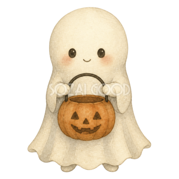 かぼちゃのバスケットを持つかわいいおばけのハロウィンイラスト素材（無料）94797