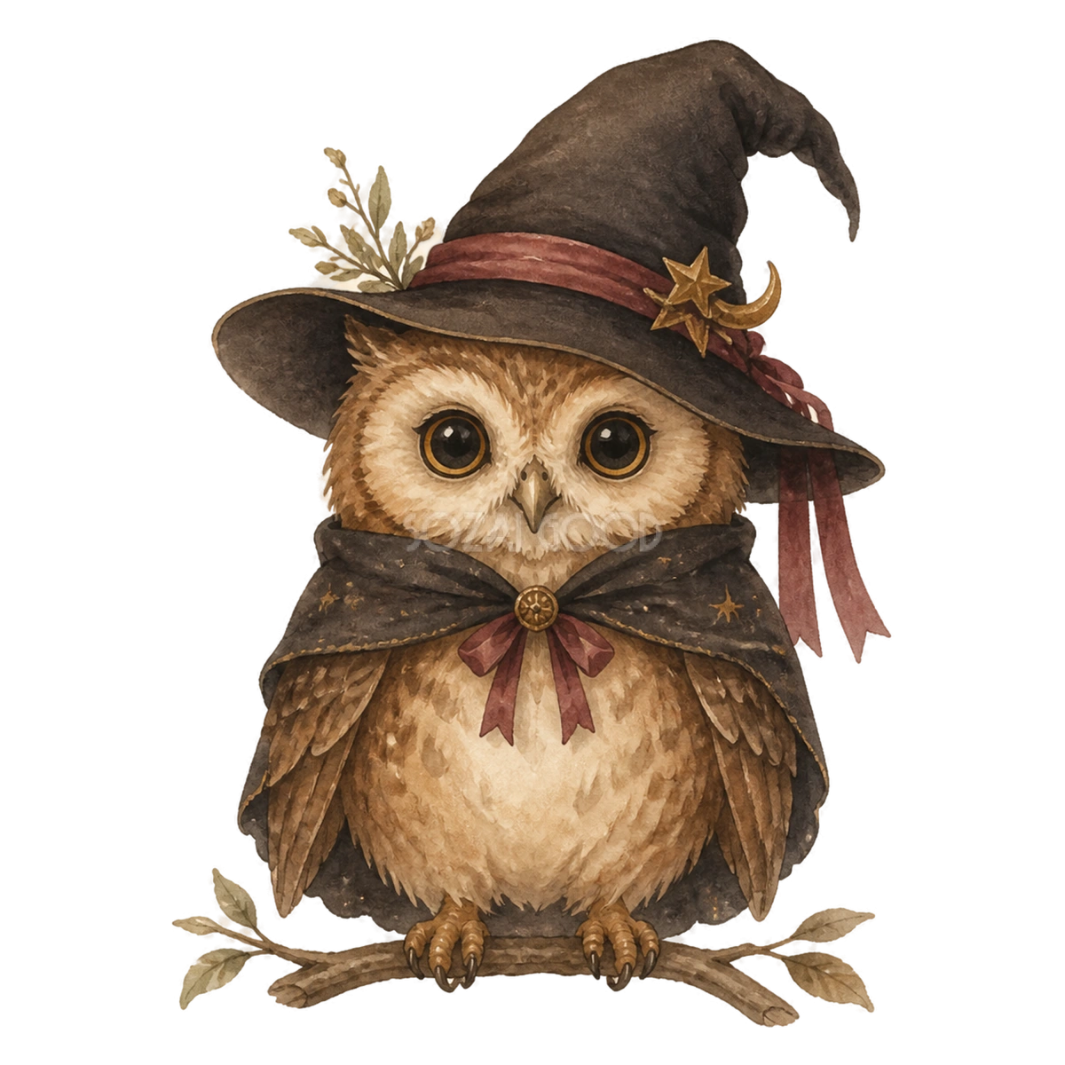 魔女の帽子をかぶったかわいいフクロウのハロウィン水彩イラスト素材(無料)94798