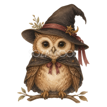 魔女の帽子をかぶったかわいいフクロウのハロウィン水彩イラスト素材（無料）94798