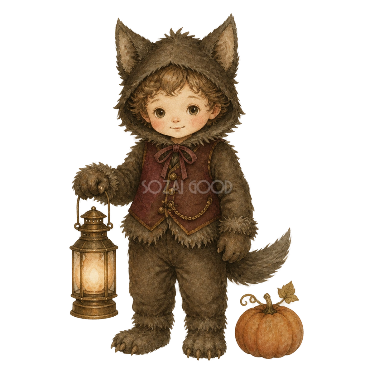 ランタンを持つかわいい子どもの狼男のハロウィンイラスト素材（無料）94799