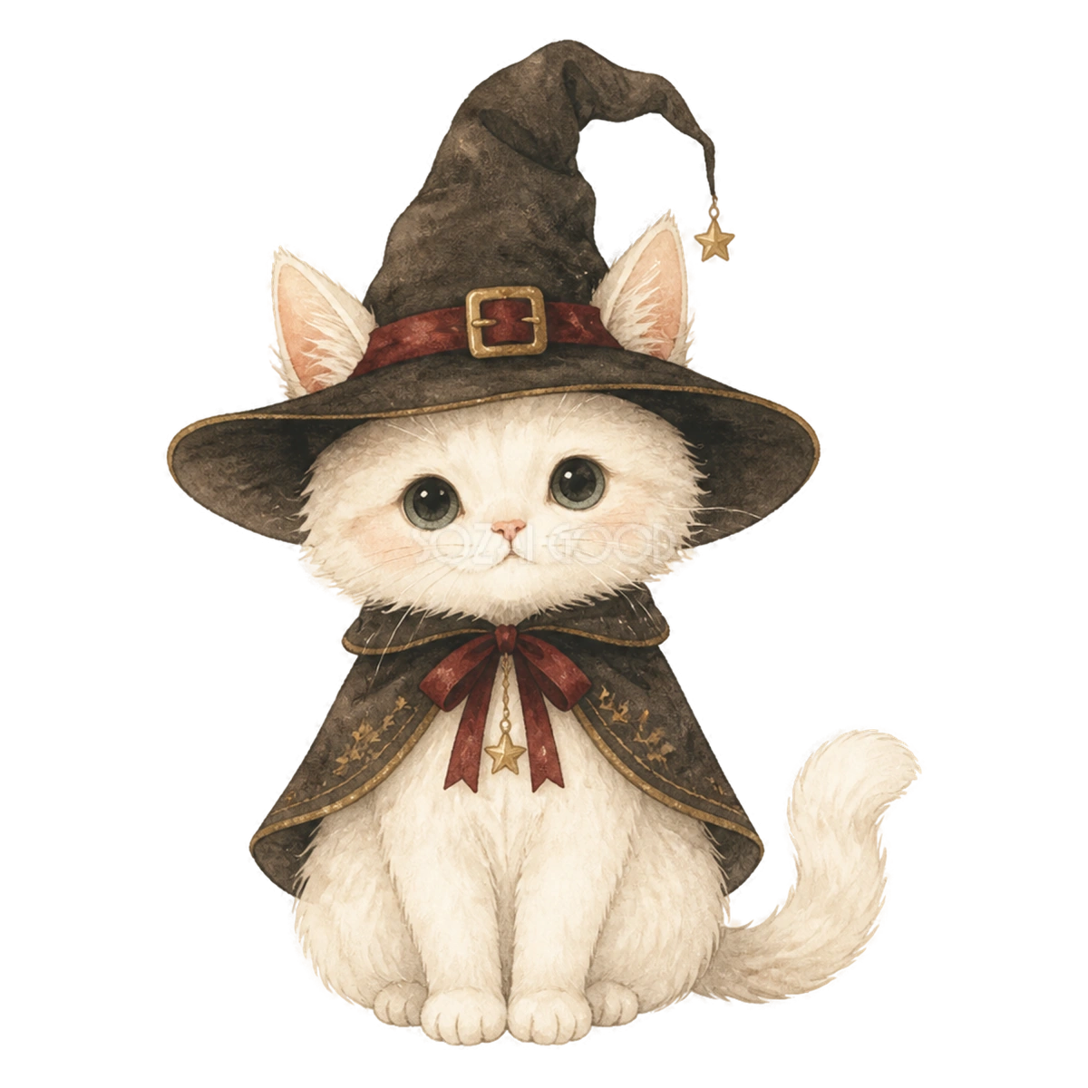 魔女の帽子をかぶった白猫のかわいいハロウィンイラスト素材(無料)94801