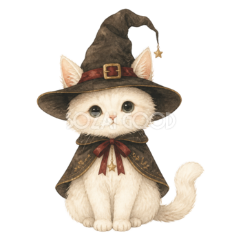 魔女の帽子をかぶった白猫のかわいいハロウィンイラスト素材（無料）94801