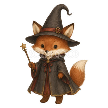 杖を持つかわいいキツネの魔法使いのハロウィンイラスト素材（無料）94802
